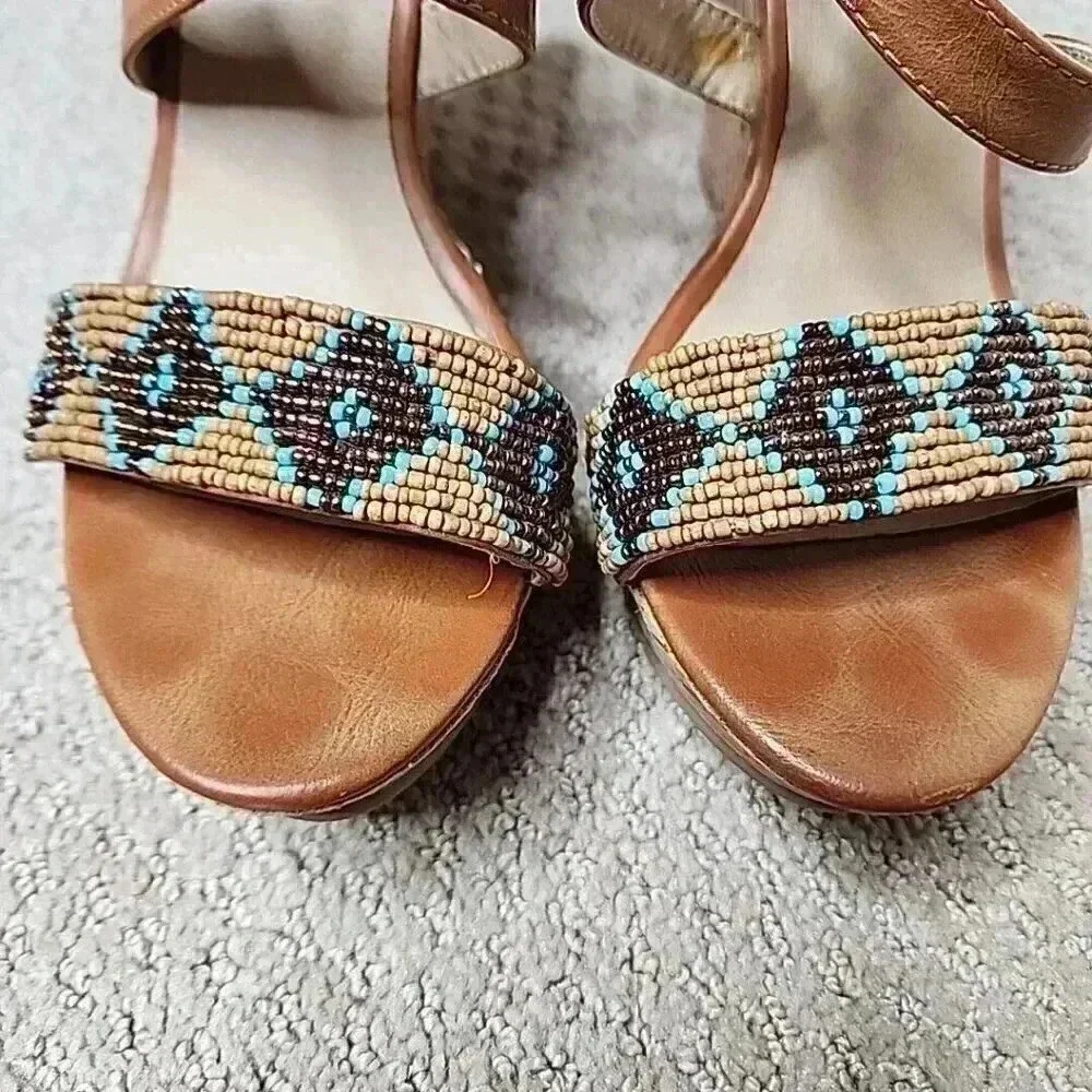 A.N.A‎ A NEW APPROACH BEADED WEDGE SANDALS Heels Brown Blue Cork 7.5 Boho resort